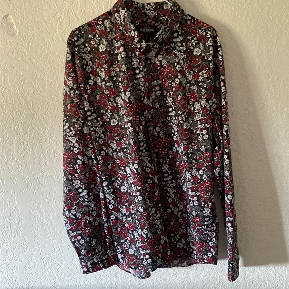 Express Black and Red Floral Casual Button Down Shirt